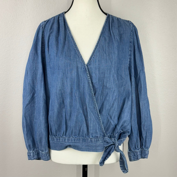 Madewell Womens XL Blue 70s Retro Cropped Fit V-Neck Long Sleeve Denim Wap Top - Picture 5 of 15